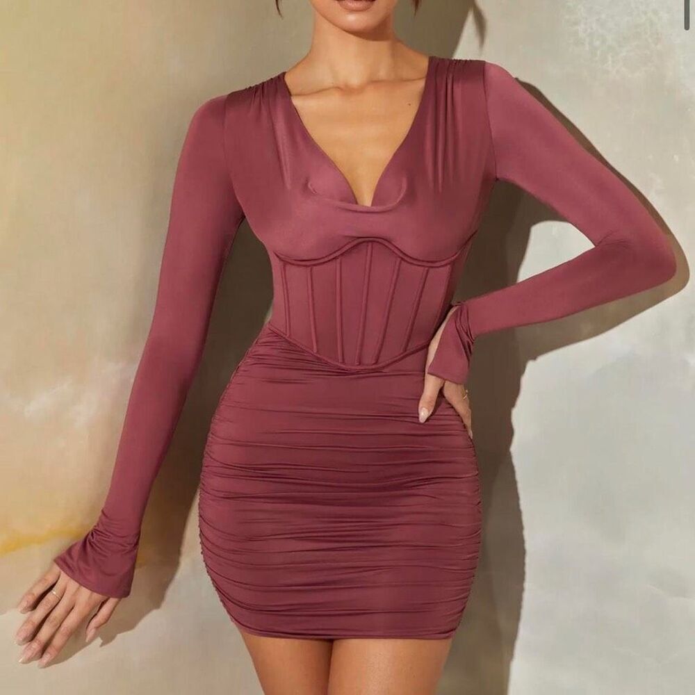 Oh Polly Della Long Sleeve Cowl Neck Corset Mini Ruched Dress Women's 2US